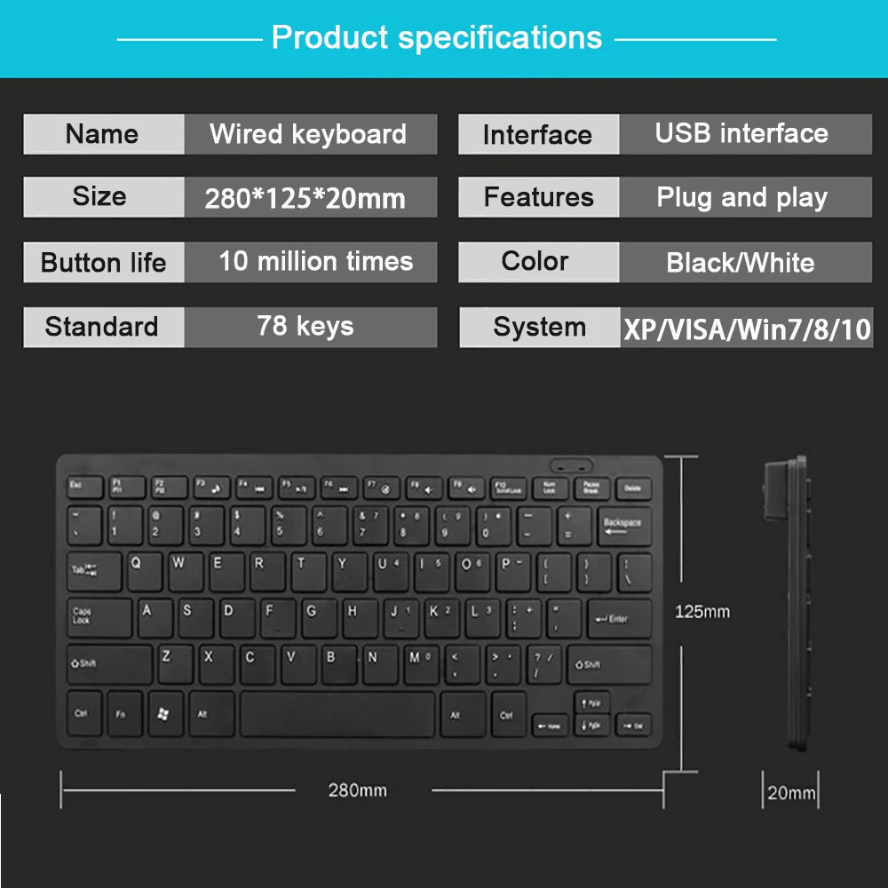 Ultra-Thin Wired Keyboard USB 2.0 Mini Multimedia 78 Keys PC Laptop Gaming Keyboard with Spanish Arabic Russian Hebrew Sticker